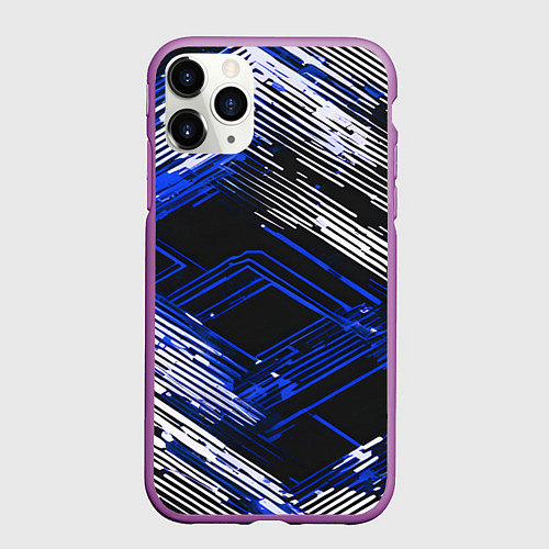 Чехол iPhone 11 Pro матовый Киберпанк линии белые и синие / 3D-Фиолетовый – фото 1