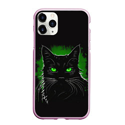 Чехол iPhone 11 Pro матовый Портрет черного кота в зеленом свечении