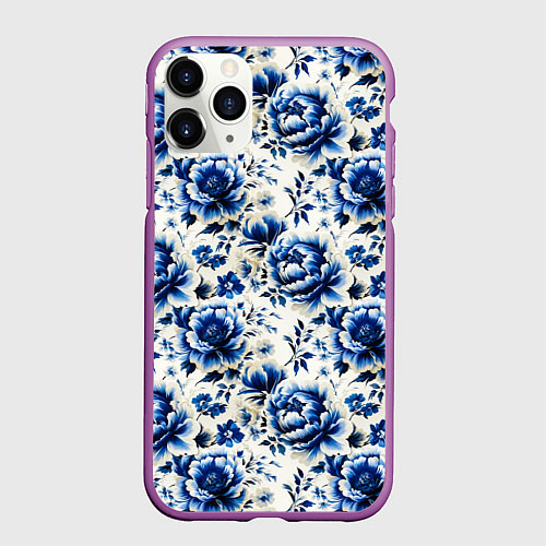 Чехол iPhone 11 Pro матовый Гжель узор паттерн / 3D-Фиолетовый – фото 1