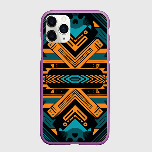 Чехол iPhone 11 Pro матовый Геометрический узор в стиле ацтеков / 3D-Фиолетовый – фото 1