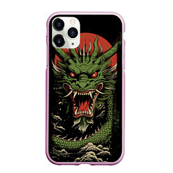 Чехол iPhone 11 Pro матовый Зеленый дракон с открытой пастью, цвет: 3D-розовый