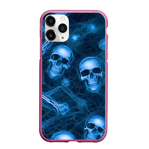 Чехол iPhone 11 Pro матовый Синие черепа и кости / 3D-Малиновый – фото 1