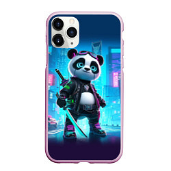 Чехол iPhone 11 Pro матовый Панда кибер самурай в ночном Нью-Йорке