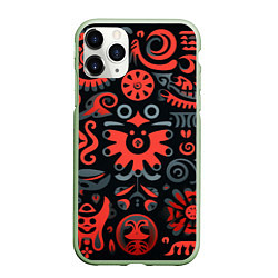 Чехол iPhone 11 Pro матовый Красно-черный узор в славянском стиле, цвет: 3D-салатовый