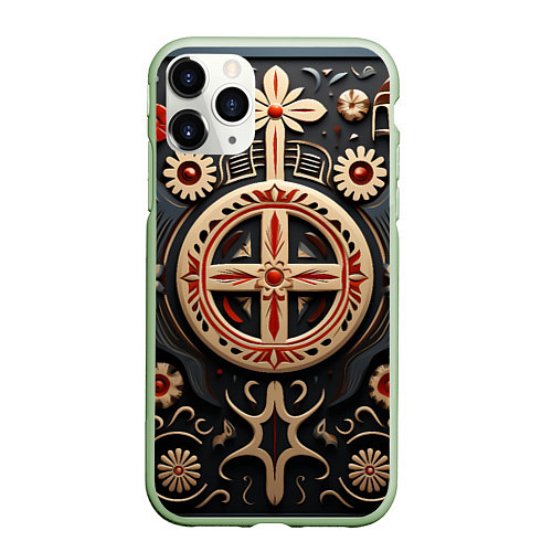 Чехол iPhone 11 Pro матовый Орнамент в славянской стилистике / 3D-Салатовый – фото 1