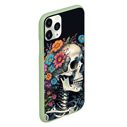 Чехол iPhone 11 Pro матовый Улыбающийся скелет среди цветов, цвет: 3D-салатовый — фото 2