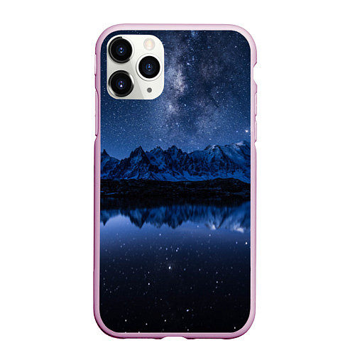 Чехол iPhone 11 Pro матовый Галактическая зимняя ночь в горах / 3D-Розовый – фото 1