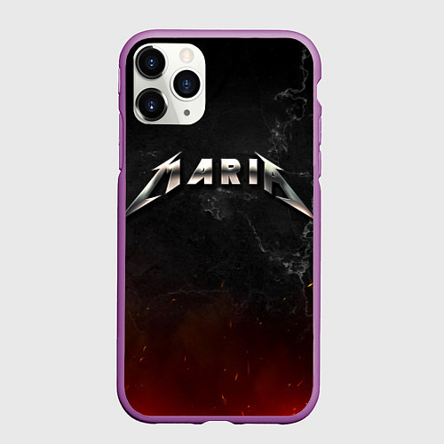 Чехол iPhone 11 Pro матовый Мария в стиле Металлика - искры и огонь / 3D-Фиолетовый – фото 1