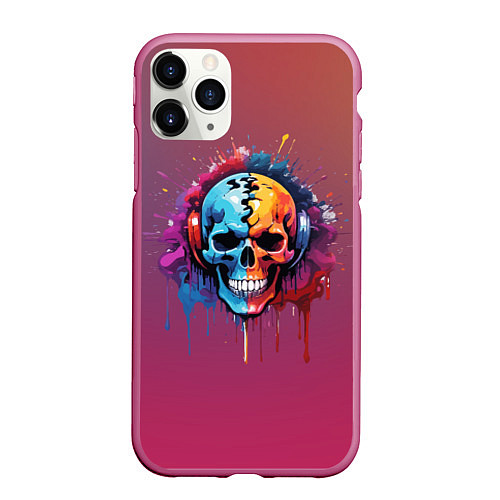 Чехол iPhone 11 Pro матовый Череп Dj в наушниках и брызги краски / 3D-Малиновый – фото 1