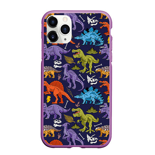 Чехол iPhone 11 Pro матовый Мультяшные динозавры / 3D-Фиолетовый – фото 1