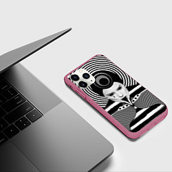 Чехол iPhone 11 Pro матовый Черно белый портрет девушки на полосатом, цвет: 3D-малиновый — фото 2