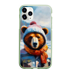 Чехол iPhone 11 Pro матовый Бурый медведь в зимней одежде, цвет: 3D-салатовый