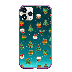 Чехол iPhone 11 Pro матовый Подарки новогодние елки и Санта - паттерн градиент