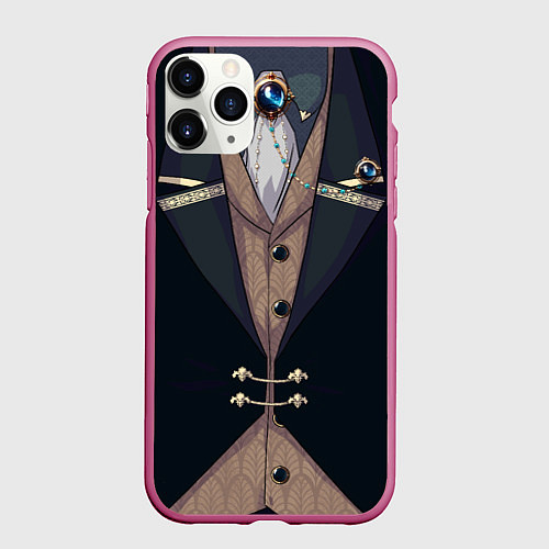 Чехол iPhone 11 Pro матовый Фрак тёмно-зелёный с хлястиком / 3D-Малиновый – фото 1