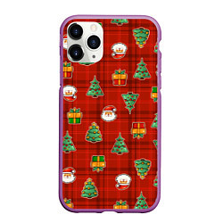 Чехол iPhone 11 Pro матовый Елочки и Санта - паттерн красная клетка