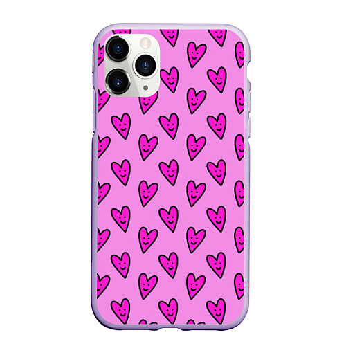 Чехол iPhone 11 Pro матовый Розовые сердечки каракули / 3D-Светло-сиреневый – фото 1