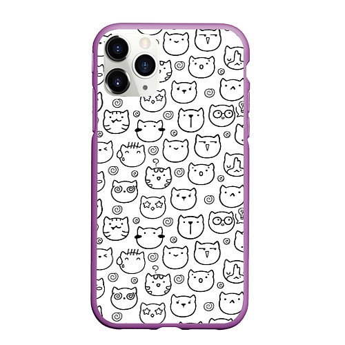 Чехол iPhone 11 Pro матовый Коты дудл мордашки / 3D-Фиолетовый – фото 1