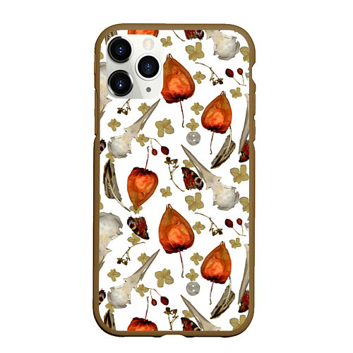 Чехол iPhone 11 Pro матовый Череп и физалис паттерн / 3D-Коричневый – фото 1