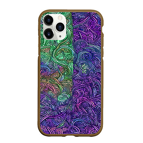 Чехол iPhone 11 Pro матовый Вьющийся узор фиолетовый и зелёный / 3D-Коричневый – фото 1