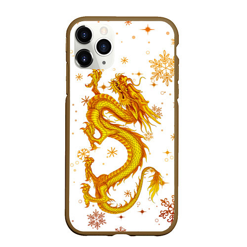 Чехол iPhone 11 Pro матовый Золотой дракон в снежинках / 3D-Коричневый – фото 1