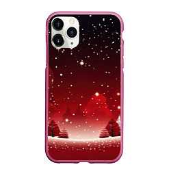 Чехол iPhone 11 Pro матовый Зимний берег реки с деревьями и льдом, цвет: 3D-малиновый