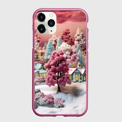 Чехол iPhone 11 Pro матовый Зимний закат новый год / 3D-Малиновый – фото 1