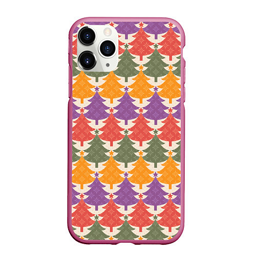 Чехол iPhone 11 Pro матовый Новогодние разноцветные ёлочки / 3D-Малиновый – фото 1