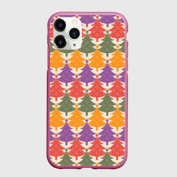 Чехол iPhone 11 Pro матовый Новогодние разноцветные ёлочки, цвет: 3D-малиновый