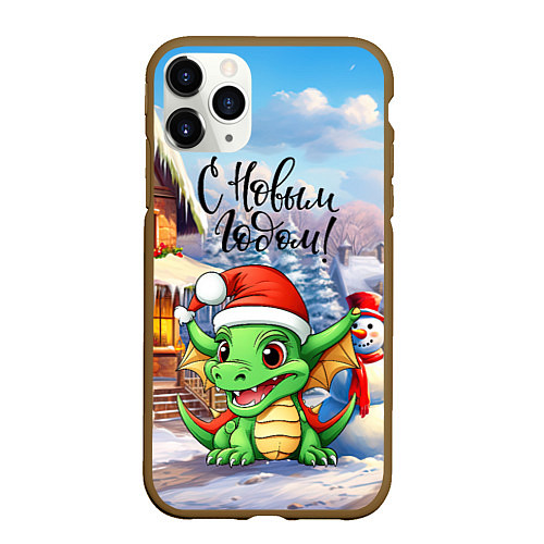 Чехол iPhone 11 Pro матовый Милый зеленый дракончик 2024 / 3D-Коричневый – фото 1