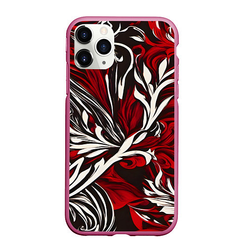 Чехол iPhone 11 Pro матовый Красно белый узор на чёрном фоне / 3D-Малиновый – фото 1