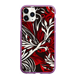 Чехол iPhone 11 Pro матовый Красно белый узор на чёрном фоне, цвет: 3D-фиолетовый