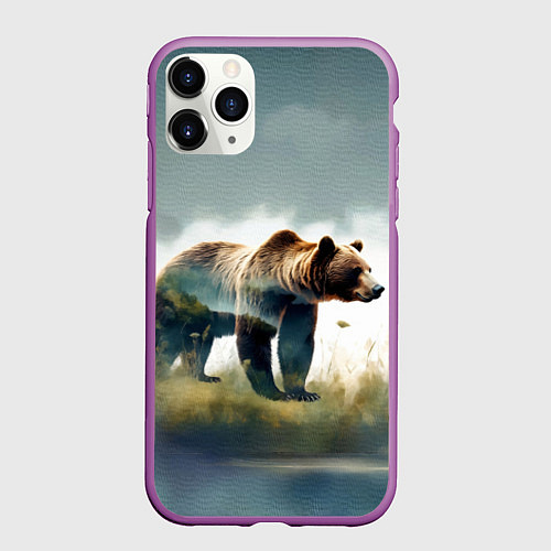 Чехол iPhone 11 Pro матовый Минималистичный пейзаж с медведем акварель / 3D-Фиолетовый – фото 1