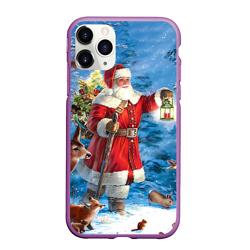 Чехол iPhone 11 Pro матовый Дед Мороз в лесу с животными / 3D-Фиолетовый – фото 1