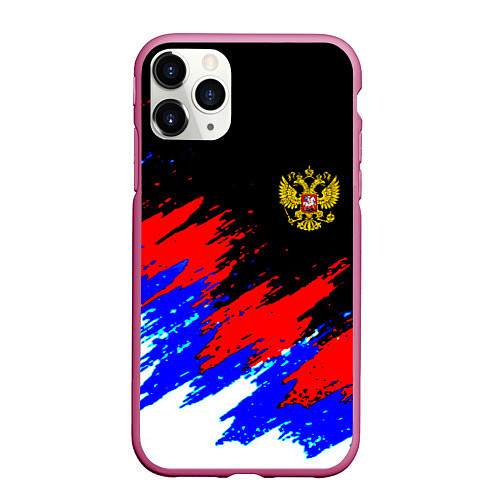 Чехол iPhone 11 Pro матовый Россия триколор герб краски / 3D-Малиновый – фото 1