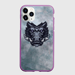 Чехол iPhone 11 Pro матовый Стальной дикий кабан на сером фоне, цвет: 3D-фиолетовый