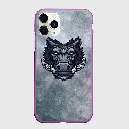 Чехол iPhone 11 Pro матовый Стальной дикий кабан на сером фоне / 3D-Фиолетовый – фото 1