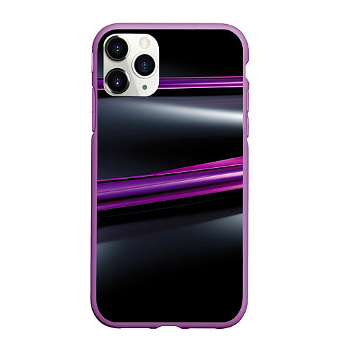 Чехол iPhone 11 Pro матовый Фиолетовые полосы на черном фоне / 3D-Фиолетовый – фото 1