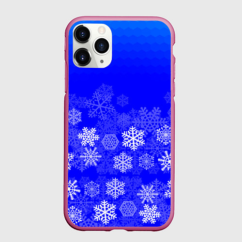 Чехол iPhone 11 Pro матовый Снежинки на синем / 3D-Малиновый – фото 1