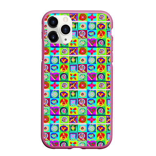Чехол iPhone 11 Pro матовый Сердца и квадраты абстракция / 3D-Малиновый – фото 1