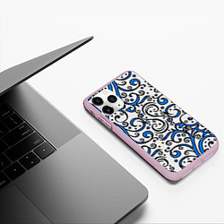 Чехол iPhone 11 Pro матовый Синие кружевные узоры, цвет: 3D-розовый — фото 2
