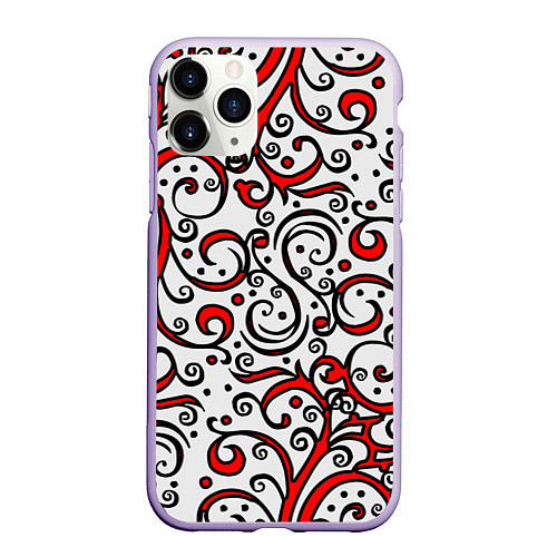Чехол iPhone 11 Pro матовый Красный кружевной узор / 3D-Светло-сиреневый – фото 1