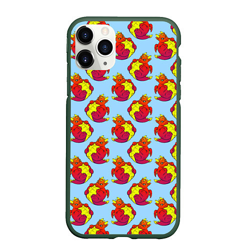 Чехол iPhone 11 Pro матовый Дракон круглый сидит, красный / 3D-Темно-зеленый – фото 1