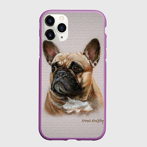 Чехол iPhone 11 Pro матовый Французский палевый бульдог на кирпичной стене / 3D-Фиолетовый – фото 1