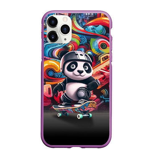 Чехол iPhone 11 Pro матовый Панда - крутой скейтбордист на фоне граффити / 3D-Фиолетовый – фото 1