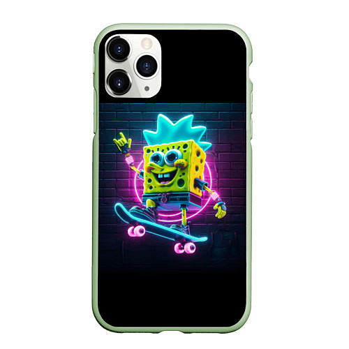 Чехол iPhone 11 Pro матовый Sponge Bob on a skateboard / 3D-Салатовый – фото 1
