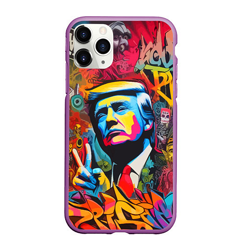 Чехол iPhone 11 Pro матовый Дональд Трамп - граффити - нейросеть / 3D-Фиолетовый – фото 1