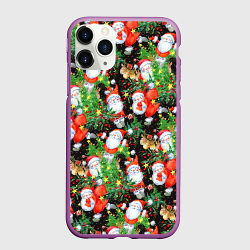 Чехол iPhone 11 Pro матовый Деды Морозы с подарками / 3D-Фиолетовый – фото 1