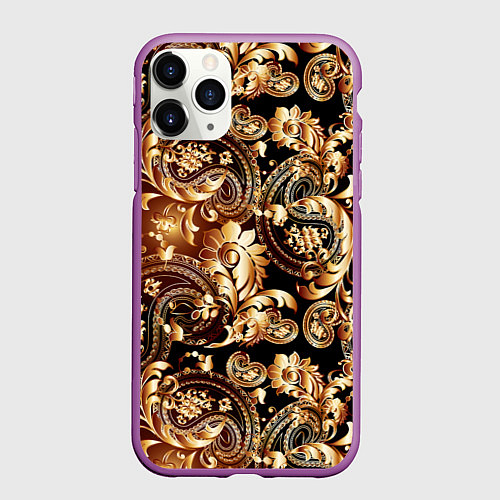Чехол iPhone 11 Pro матовый Пейсли золотые узоры / 3D-Фиолетовый – фото 1