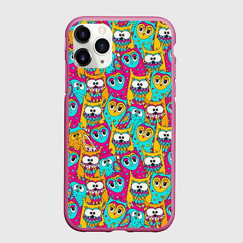 Чехол iPhone 11 Pro матовый Разноцветные совы / 3D-Малиновый – фото 1