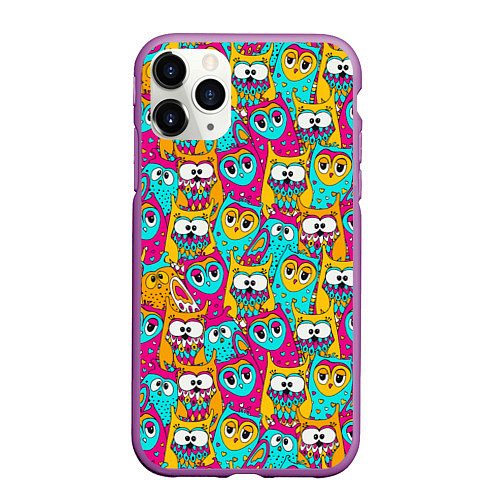 Чехол iPhone 11 Pro матовый Разноцветные совы / 3D-Фиолетовый – фото 1